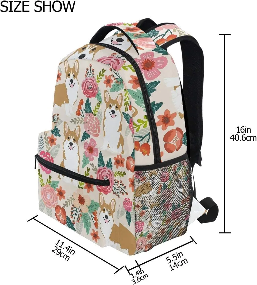 Miaoquhe Corgi Backpack for Girls Boys Men Women, Dogs Flowers Laptop Backpack for Travel School Lightweight Bookbag Large Capacity Cute School Bag Casual Daypack