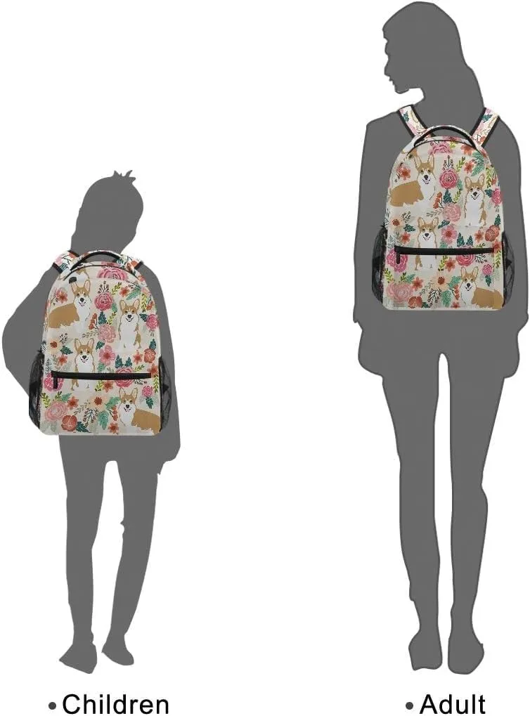 Miaoquhe Corgi Backpack for Girls Boys Men Women, Dogs Flowers Laptop Backpack for Travel School Lightweight Bookbag Large Capacity Cute School Bag Casual Daypack