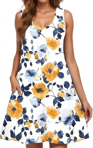 Midi Dress for Women Floral Print Sleeveless Summer Dresses Boho Flowy Casual Dress Beach Vacation Sundress