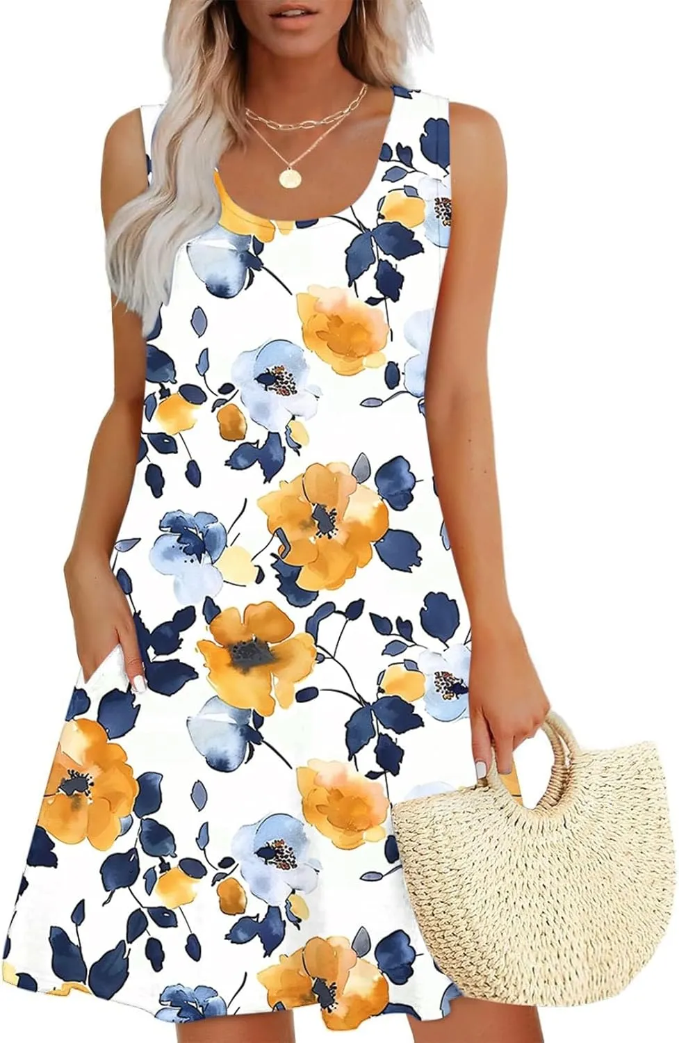 Midi Dress for Women Floral Print Sleeveless Summer Dresses Boho Flowy Casual Dress Beach Vacation Sundress