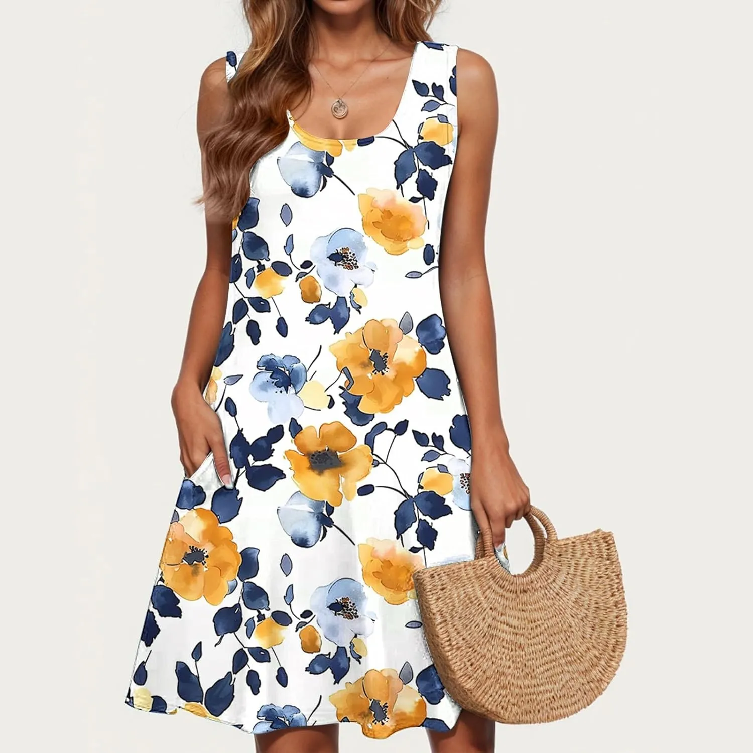 Midi Dress for Women Floral Print Sleeveless Summer Dresses Boho Flowy Casual Dress Beach Vacation Sundress