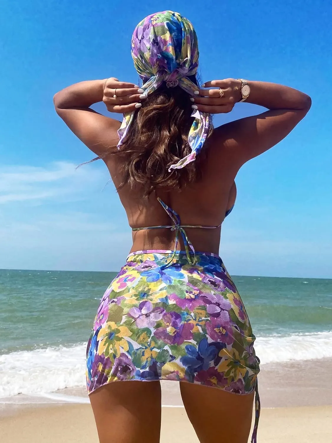 Milumia Women's 4 Piece Swimsuits Triangle Bikini Sets Bathing Suit with Mesh Cover Up Beach Skirt & Bandana