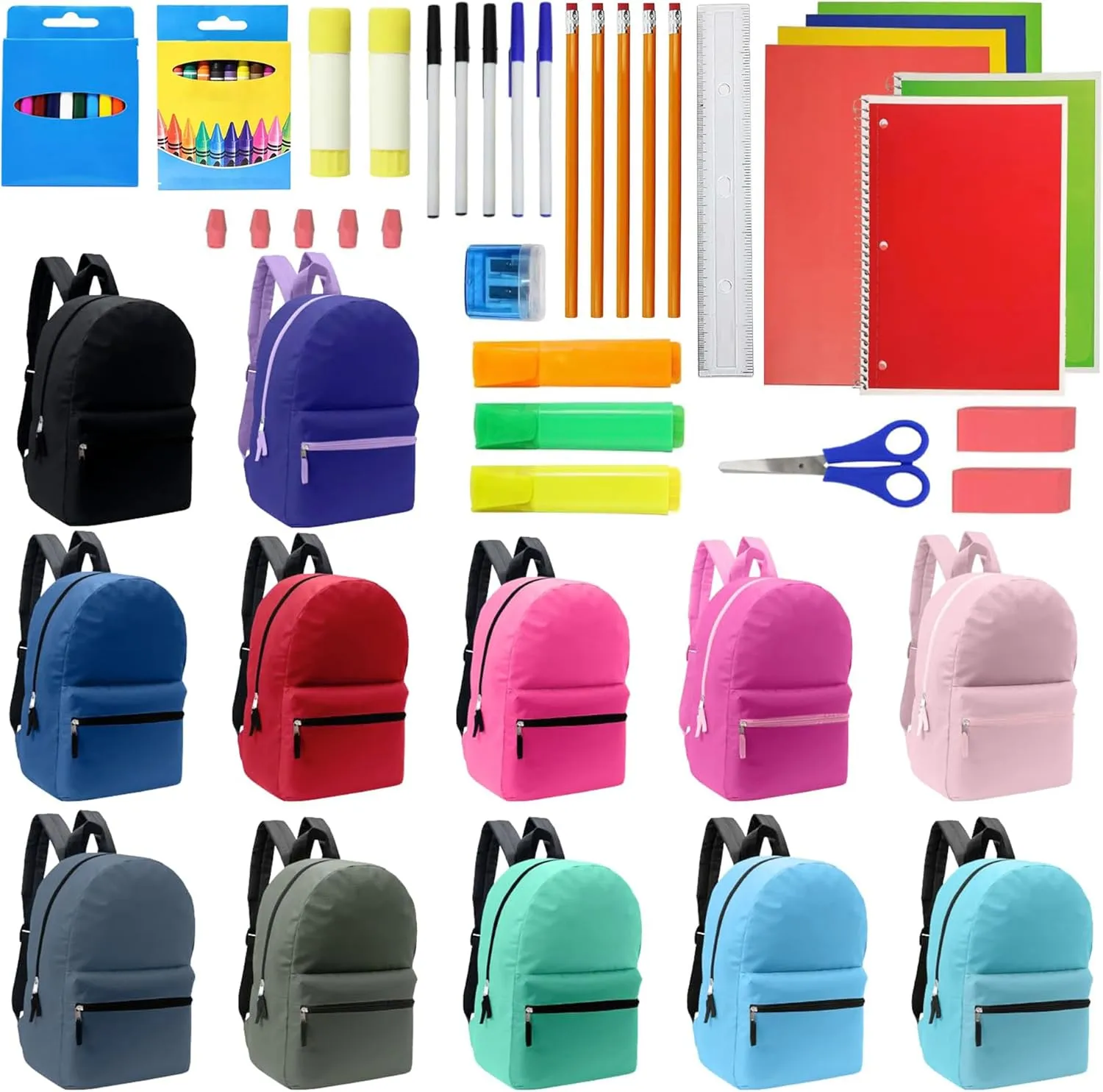 Moda West 17 Inch Bulk Backpacks with 52 Piece School Supplies Kits - Pens, Pencils, Crayons - Case of 12 Wholesale Backpacks in Assorted Colors 12