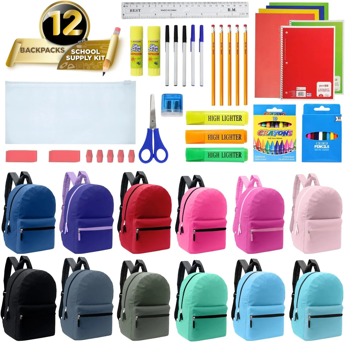 Moda West 17 Inch Bulk Backpacks with 52 Piece School Supplies Kits - Pens, Pencils, Crayons - Case of 12 Wholesale Backpacks in Assorted Colors 12