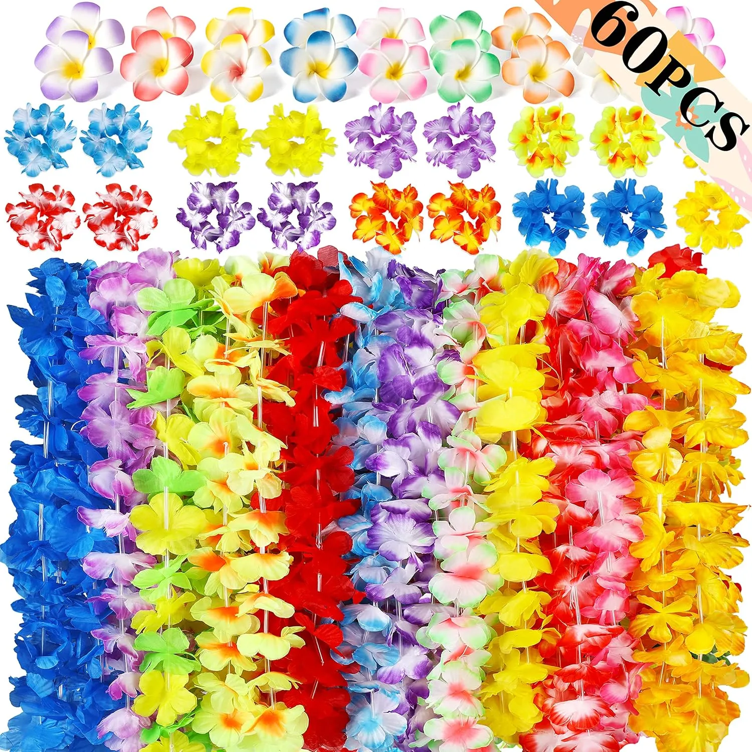 Moon Boat 60PCS Hawaiian Luau Leis Party Decorations Supplies Set - Tropical Tiki Flowers Necklaces   Bracelets   Hair Clips Bulk Summer Pool Birthday Decor Favors
