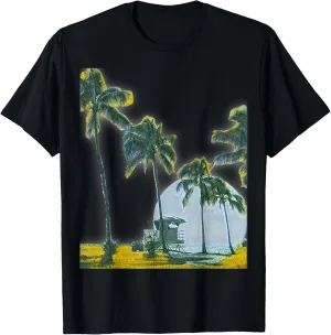 Moon over Tropical Beach with Lifeguard stand and Plam Trees T-Shirt