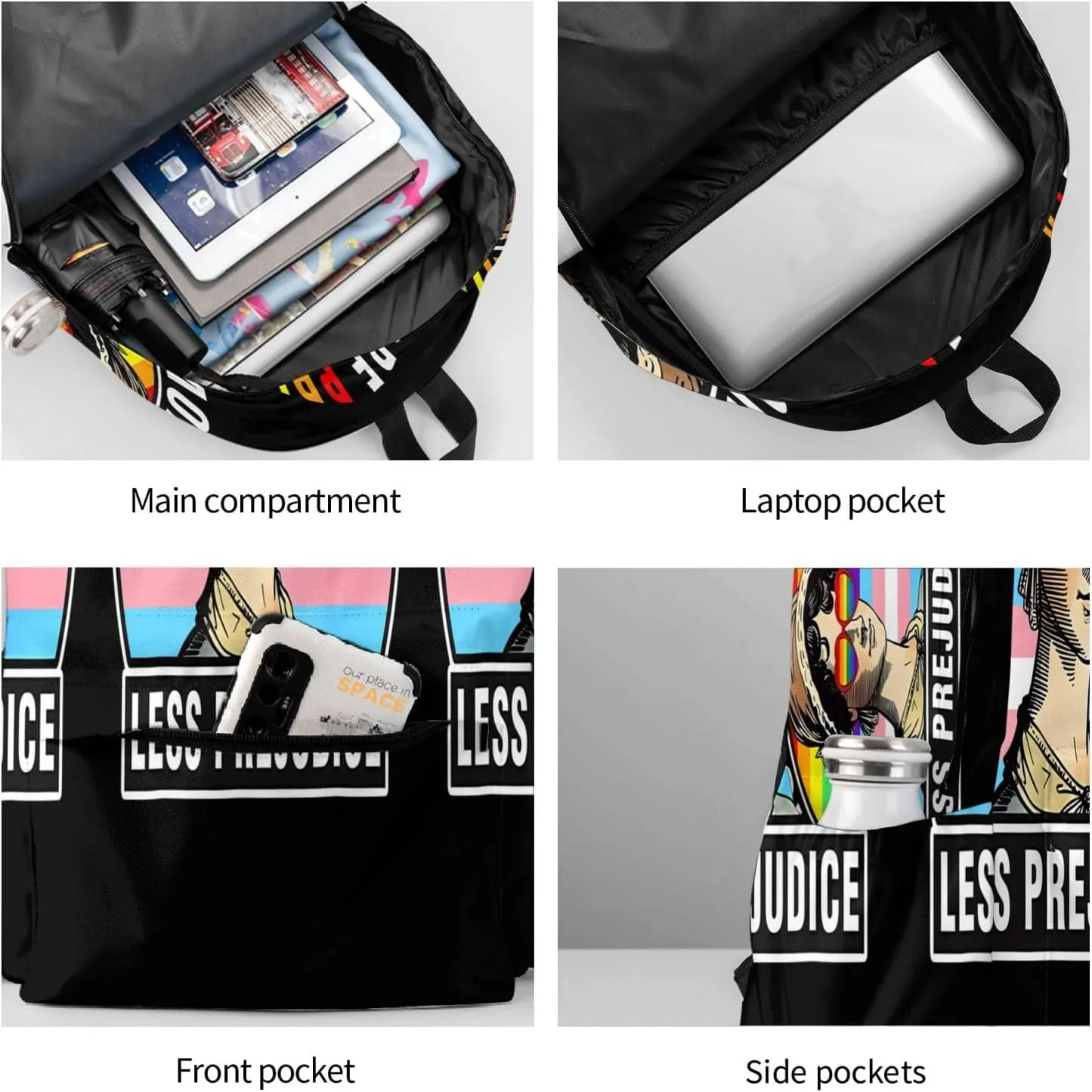More Pride Less Prejudice LGBT Rainbow Gay 17 Inch Casual Backpack Laptop Backpacks Travel Back Pack Large Camping Rucksack Hiking Daypack Lightweight Double Shoulder Bag