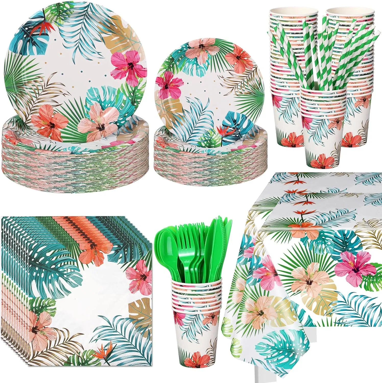 Mumufy 194 Pcs Hawaiian Luau Party Decorations Supplies Set Tropical Birthday Party Summer Beach Luau Party Dinnerware Includes Plates Napkins Cups Straws Cutlery and Tablecloth for 24 Guests Adults