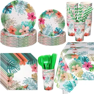 Mumufy 194 Pcs Hawaiian Luau Party Decorations Supplies Set Tropical Birthday Party Summer Beach Luau Party Dinnerware Includes Plates Napkins Cups Straws Cutlery and Tablecloth for 24 Guests Adults