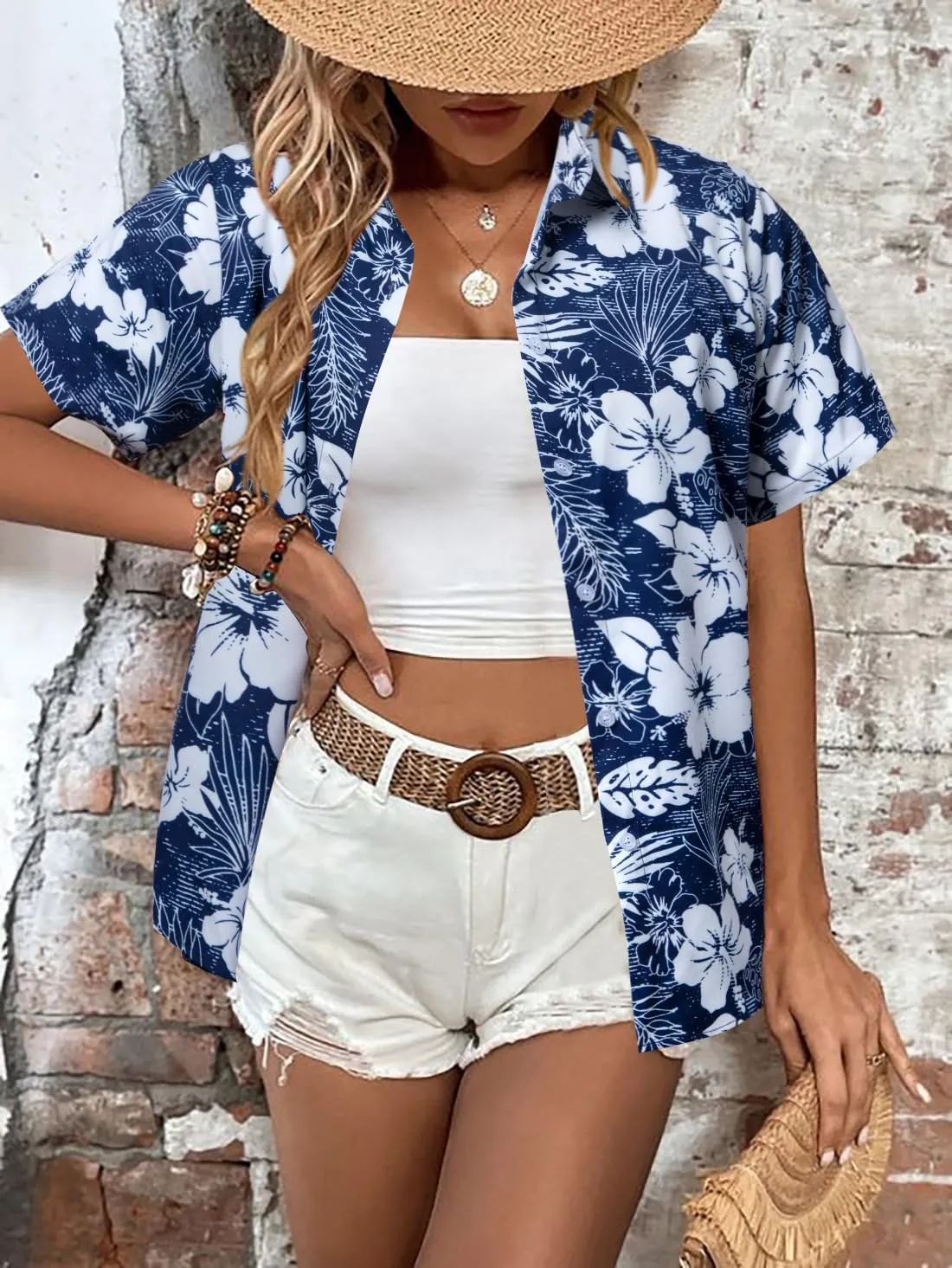 MYHALF Women Hawaiian Shirt Soft Cool Summer Hawaii Shirts Floral Tropic Print V Neck T-Shirt Short Sleeve Button Up Tops