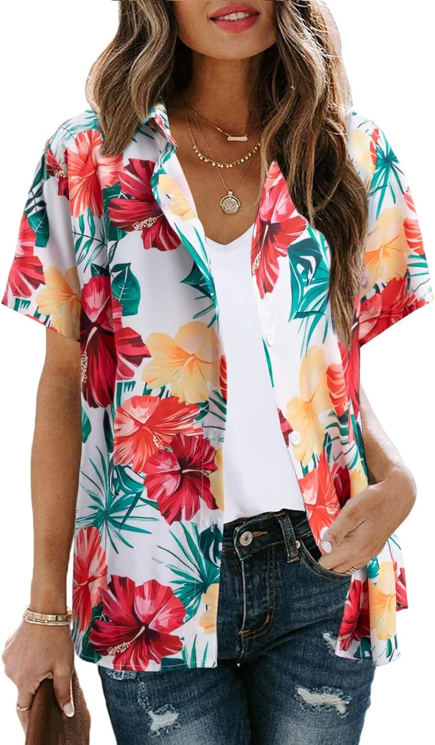 MYHALF Women Hawaiian Shirt Soft Cool Summer Hawaii Shirts Floral Tropic Print V Neck T-Shirt Short Sleeve Button Up Tops
