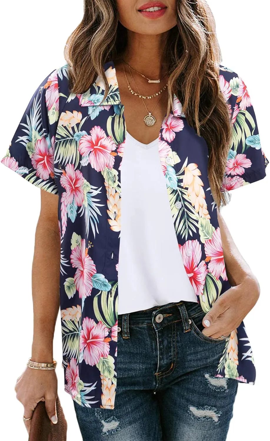 MYHALF Women Hawaiian Shirt Soft Cool Summer Hawaii Shirts Floral Tropic Print V Neck T-Shirt Short Sleeve Button Up Tops