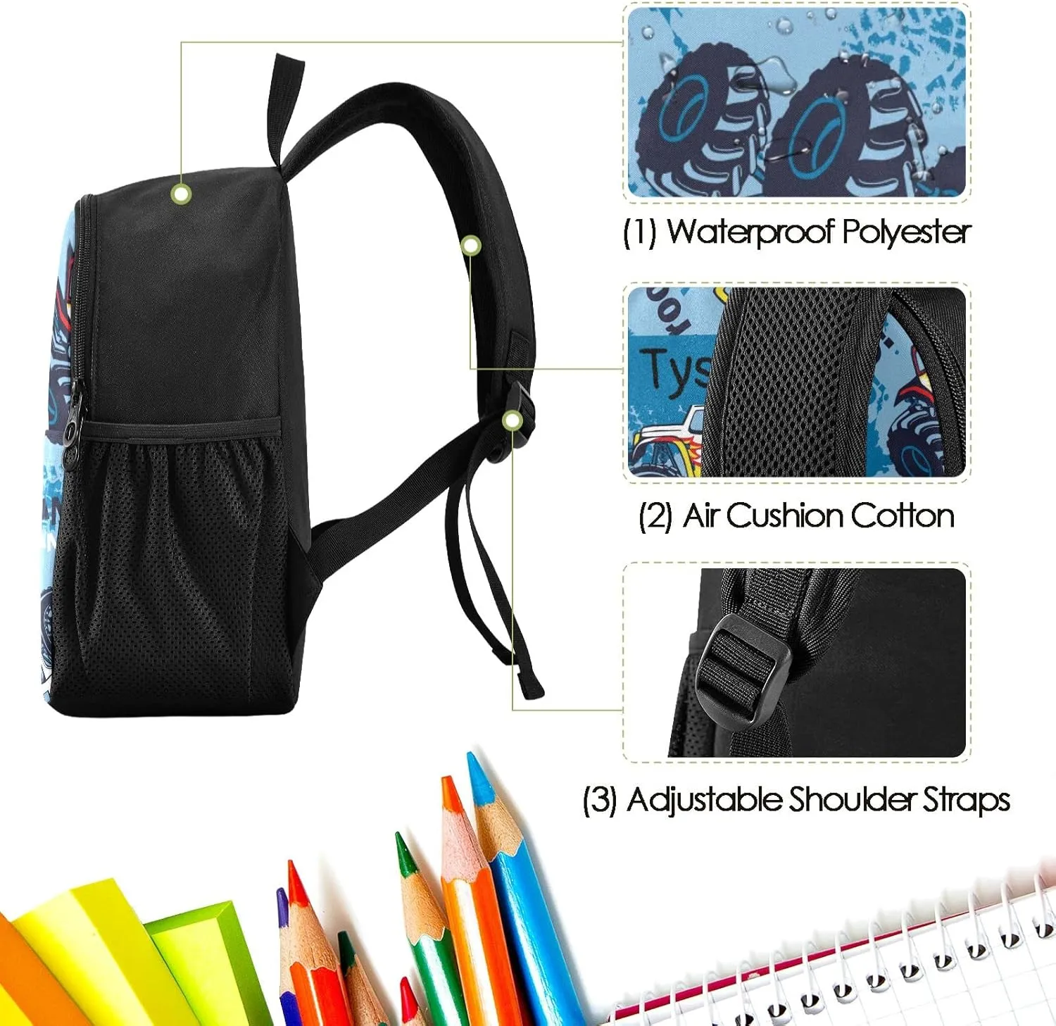 Naanle Custom Kid Backpack with Name Monster Truck Cars Backpacks Boys Girls Baby Rucksack for Preschool Kindergarten