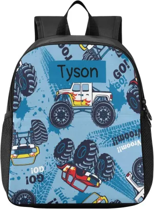 Naanle Custom Kid Backpack with Name Monster Truck Cars Backpacks Boys Girls Baby Rucksack for Preschool Kindergarten