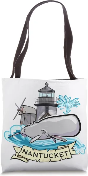 Nantucket Massachusetts Whale with Lighthouse and Windmill Tote Bag