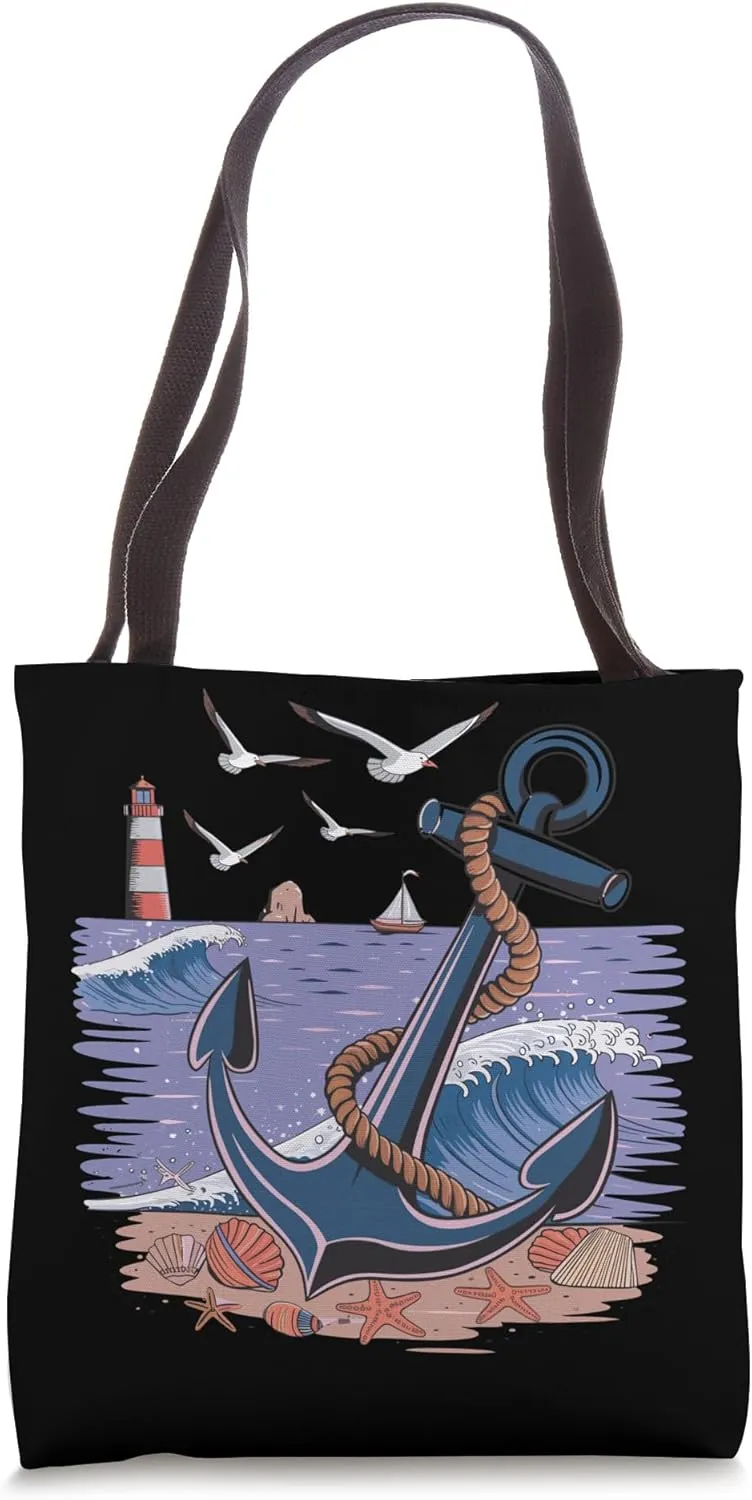 Nautical Anchor and Lighthouse Ocean Scene for a Sea Lover Tote Bag