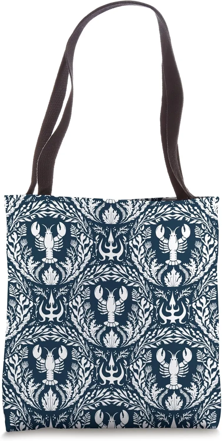 Nautical Lobster Trident Maritime Pattern In Navy Tote Bag