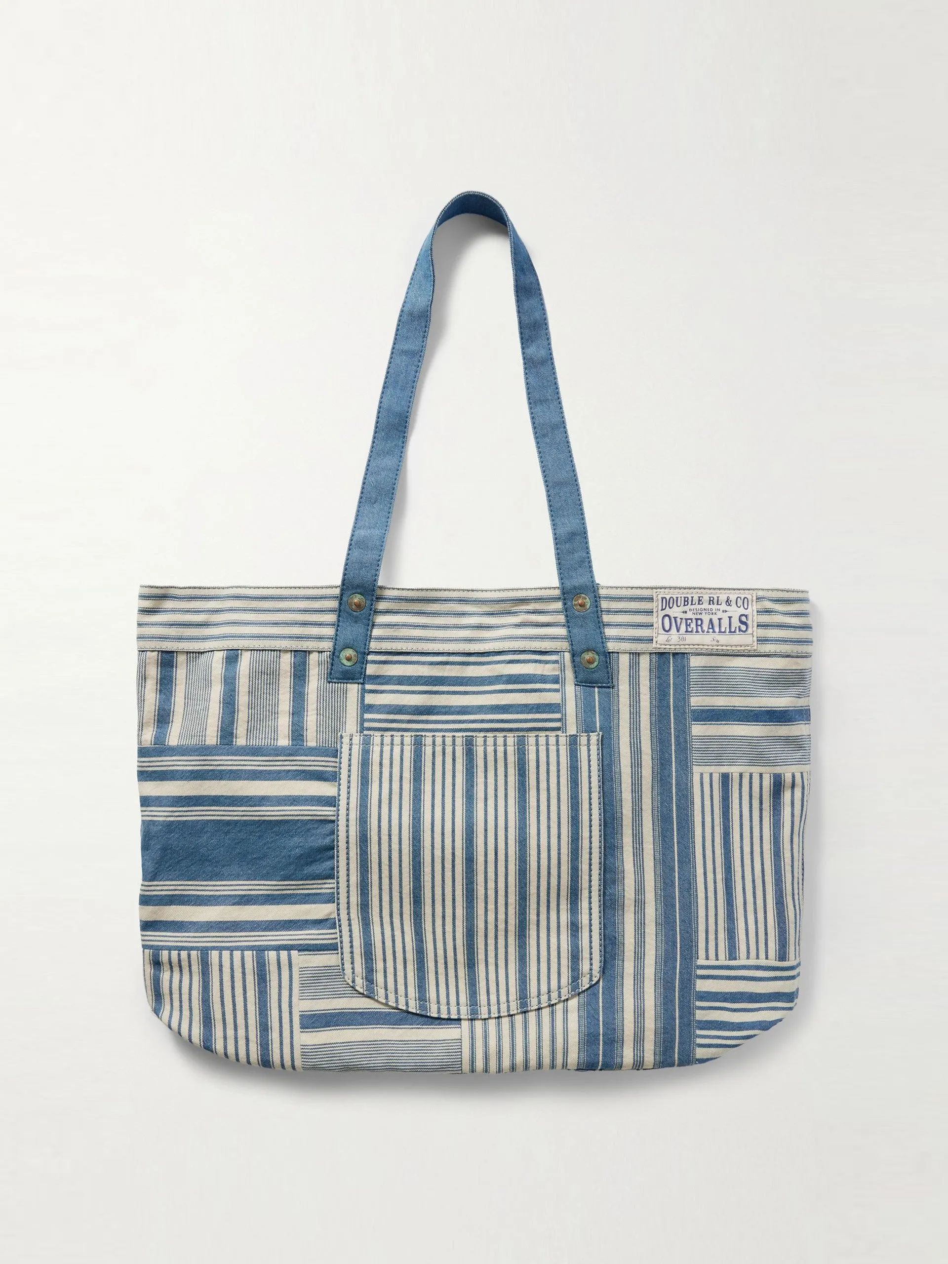 Naval patchwork striped denim tote bag