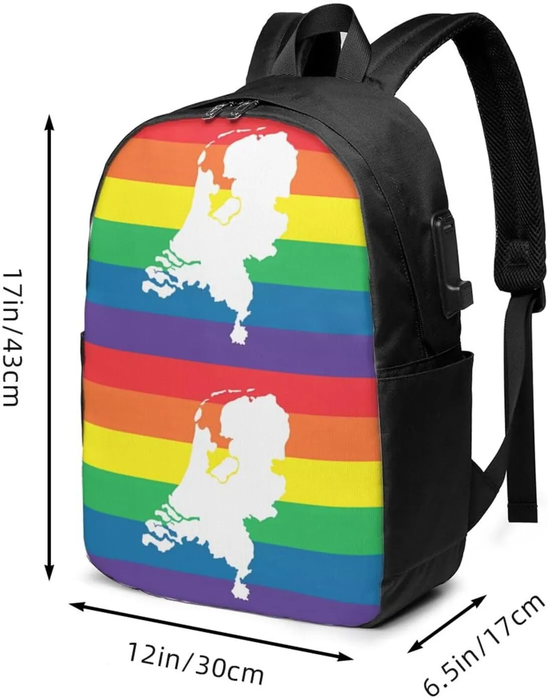 Netherlands Holland LGBT Pride Flag Travel Backpack 17-Inch Laptop Backpacks Business Rucksack Casual Sport Daypack with USB Charging Port Carry-on Bag for Camping Biking