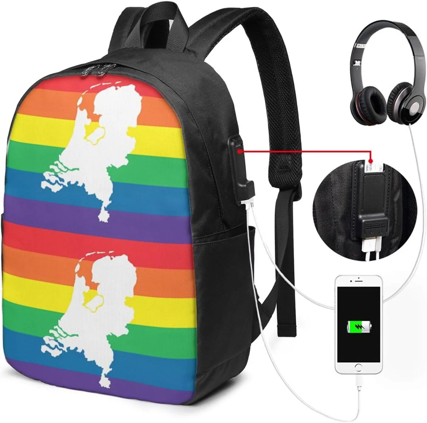 Netherlands Holland LGBT Pride Flag Travel Backpack 17-Inch Laptop Backpacks Business Rucksack Casual Sport Daypack with USB Charging Port Carry-on Bag for Camping Biking