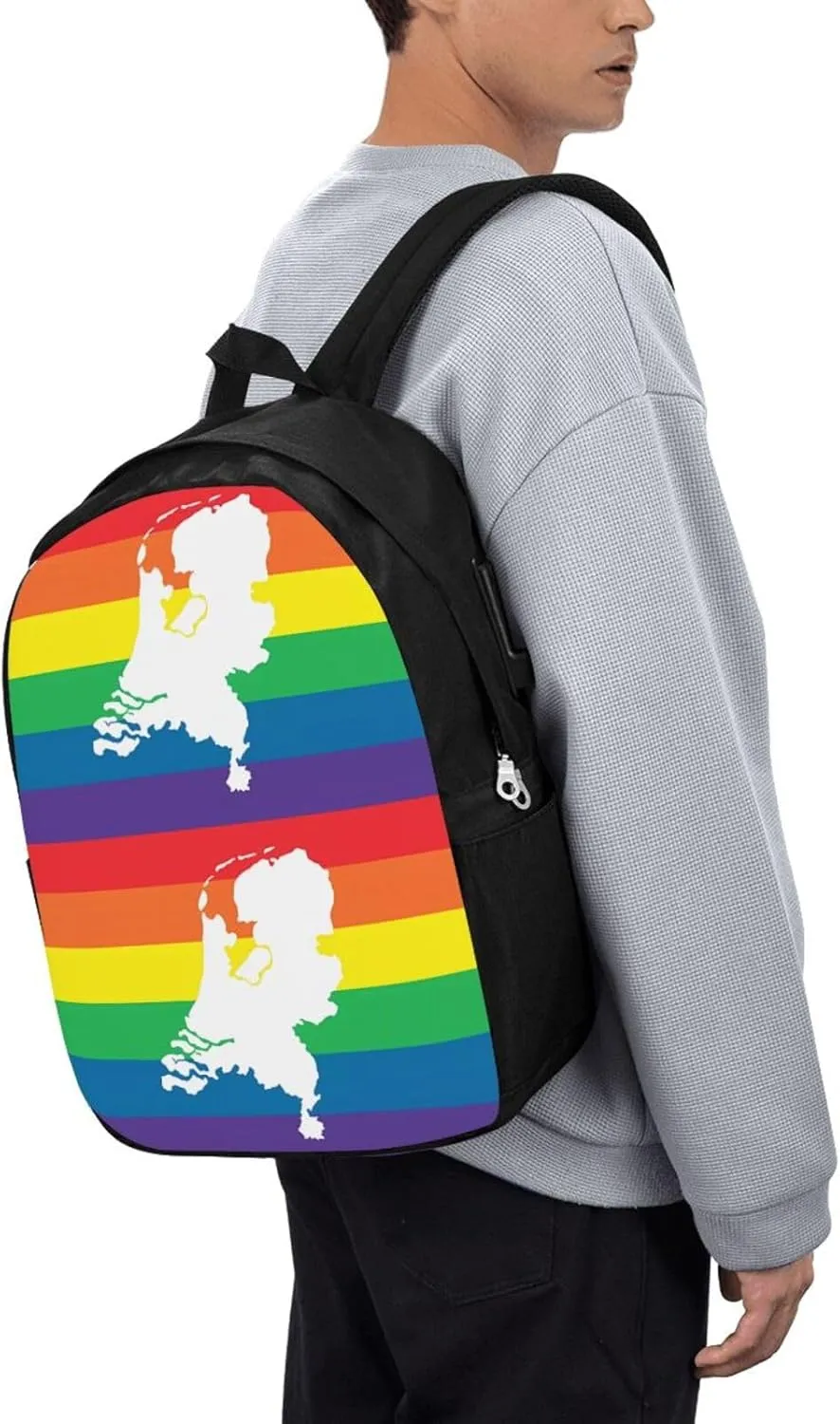 Netherlands Holland LGBT Pride Flag Travel Backpack 17-Inch Laptop Backpacks Business Rucksack Casual Sport Daypack with USB Charging Port Carry-on Bag for Camping Biking