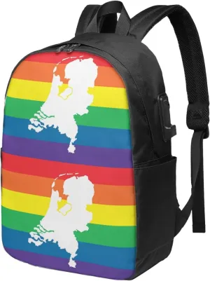 Netherlands Holland LGBT Pride Flag Travel Backpack 17-Inch Laptop Backpacks Business Rucksack Casual Sport Daypack with USB Charging Port Carry-on Bag for Camping Biking