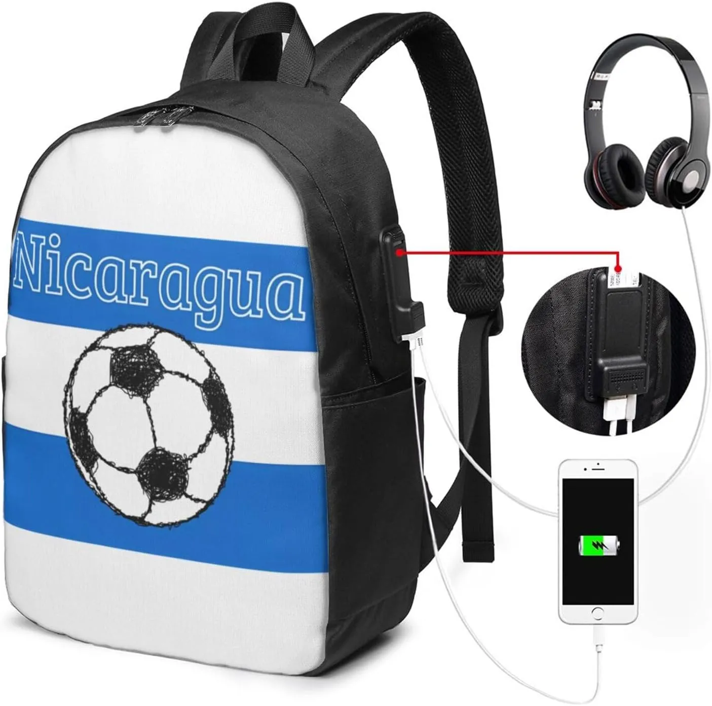 Nicaragua Football Soccer Flag Laptop Backpacks Travel Backpack Casual Business Daypack Sport Rucksack Computer Bag Fits up to 17 Inch Notebook with USB Port
