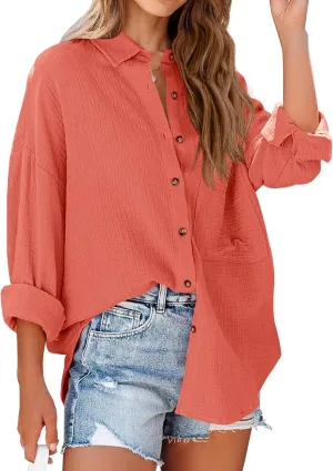NOLLSOM Casual Shirts for Women Long Sleeve Button Down Blouses Fall 2024 Solid Color Trendy Tops with Pocket