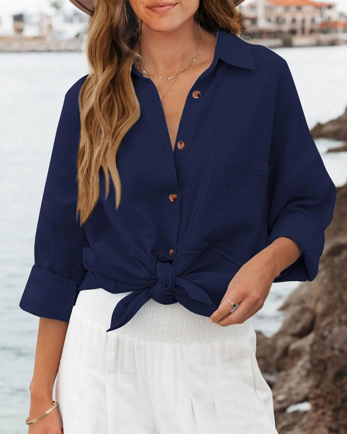 NOLLSOM Casual Shirts for Women Long Sleeve Button Down Blouses Fall 2024 Solid Color Trendy Tops with Pocket