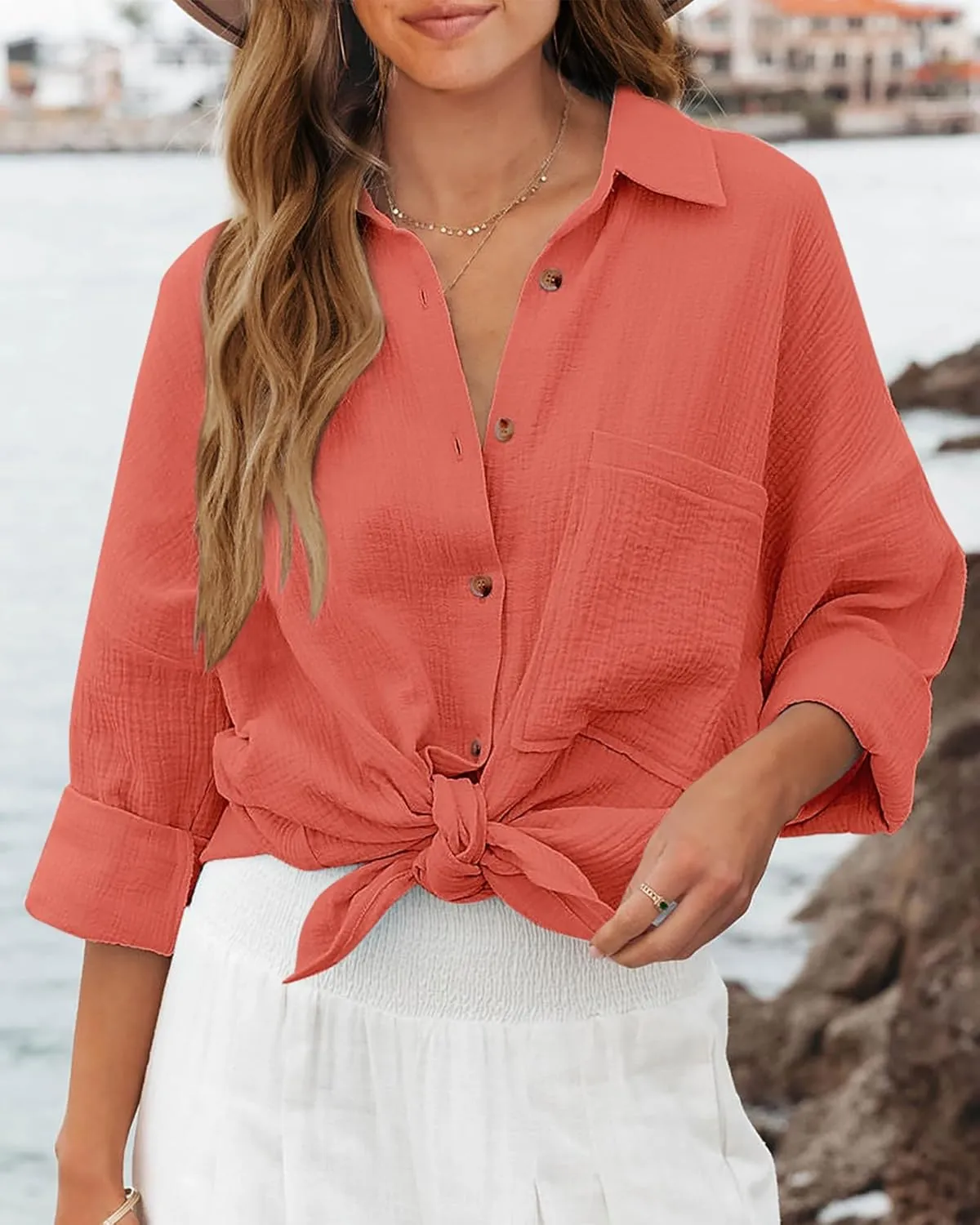 NOLLSOM Casual Shirts for Women Long Sleeve Button Down Blouses Fall 2024 Solid Color Trendy Tops with Pocket