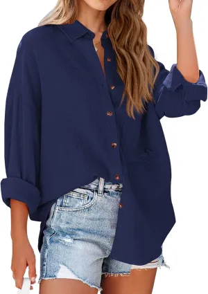 NOLLSOM Casual Shirts for Women Long Sleeve Button Down Blouses Fall 2024 Solid Color Trendy Tops with Pocket