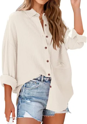 NOLLSOM Casual Shirts for Women Long Sleeve Button Down Blouses Fall 2024 Solid Color Trendy Tops with Pocket