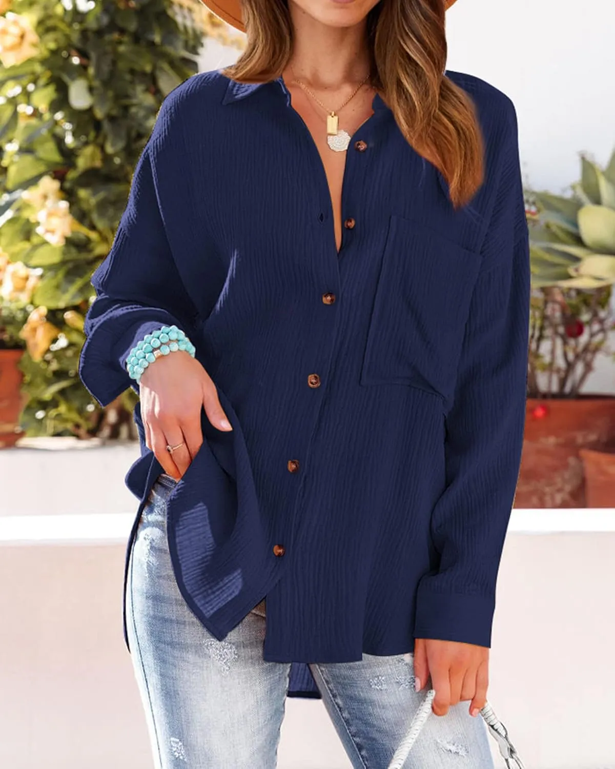 NOLLSOM Casual Shirts for Women Long Sleeve Button Down Blouses Fall 2024 Solid Color Trendy Tops with Pocket