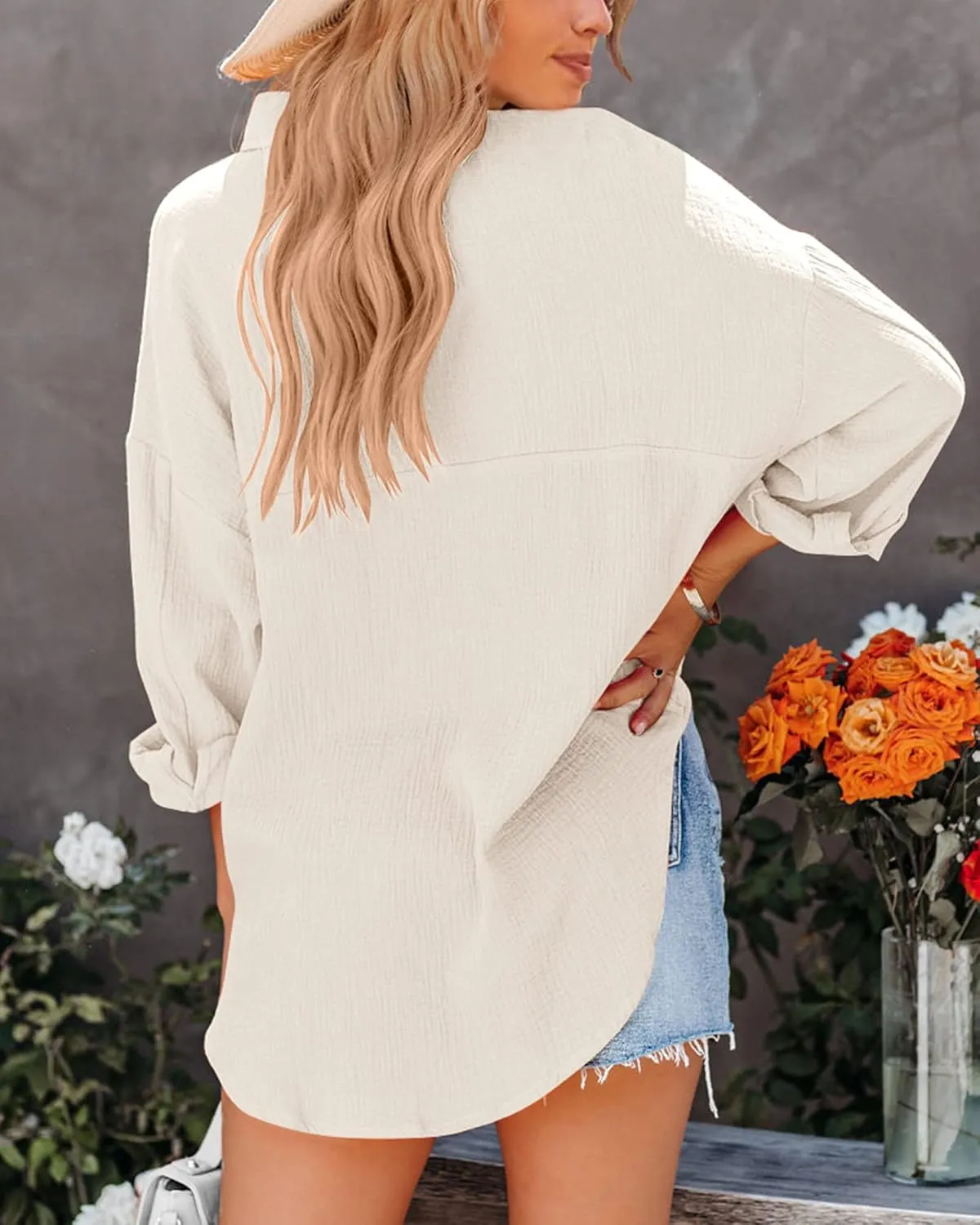 NOLLSOM Casual Shirts for Women Long Sleeve Button Down Blouses Fall 2024 Solid Color Trendy Tops with Pocket