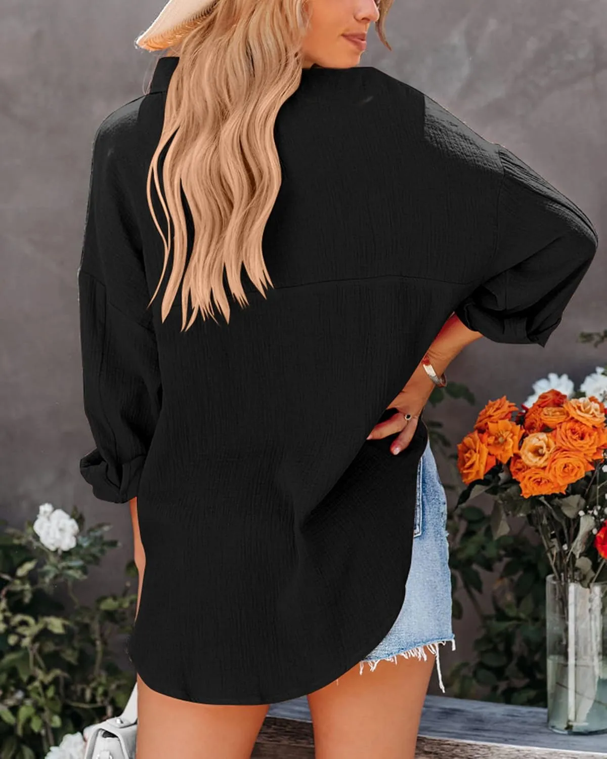 NOLLSOM Casual Shirts for Women Long Sleeve Button Down Blouses Fall 2024 Solid Color Trendy Tops with Pocket