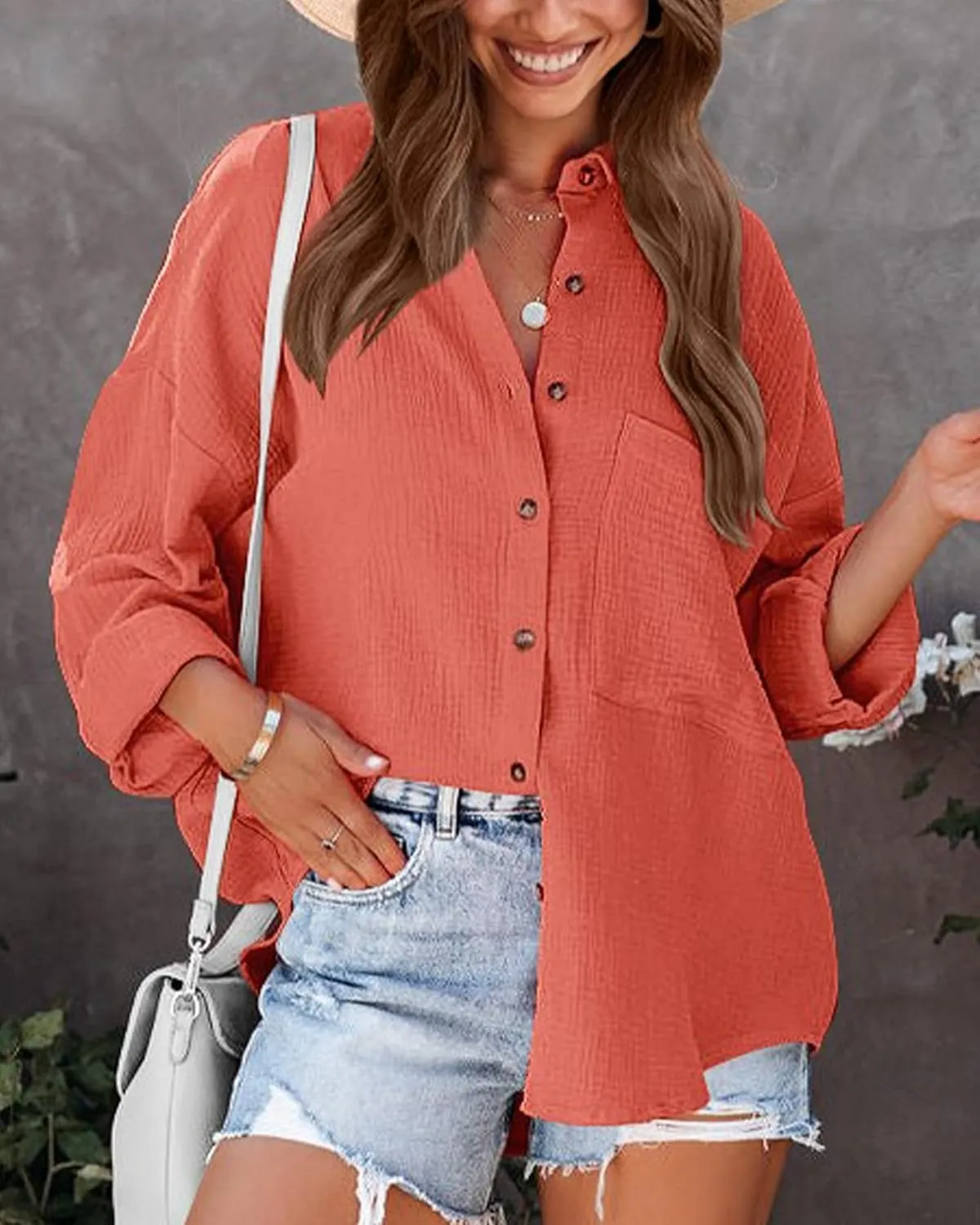 NOLLSOM Casual Shirts for Women Long Sleeve Button Down Blouses Fall 2024 Solid Color Trendy Tops with Pocket