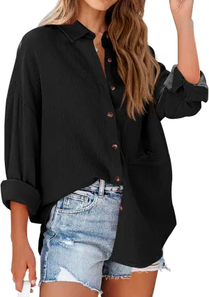 NOLLSOM Casual Shirts for Women Long Sleeve Button Down Blouses Fall 2024 Solid Color Trendy Tops with Pocket