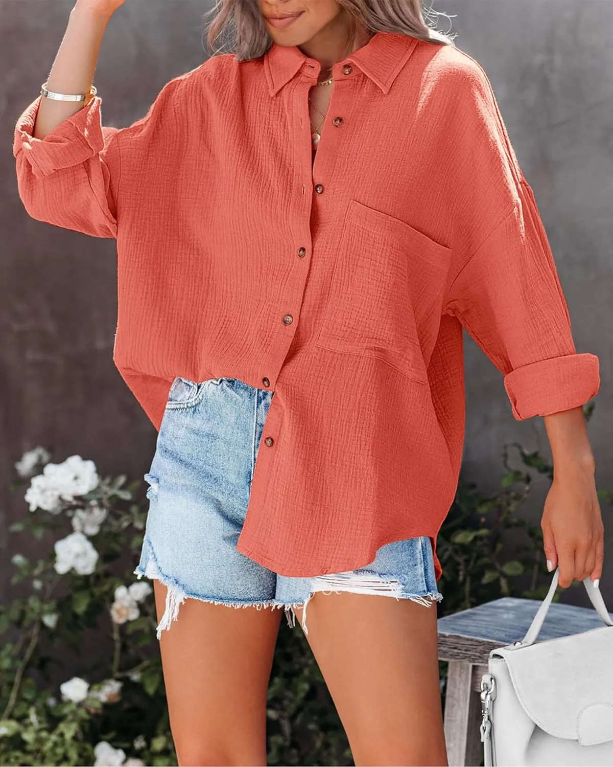 NOLLSOM Casual Shirts for Women Long Sleeve Button Down Blouses Fall 2024 Solid Color Trendy Tops with Pocket