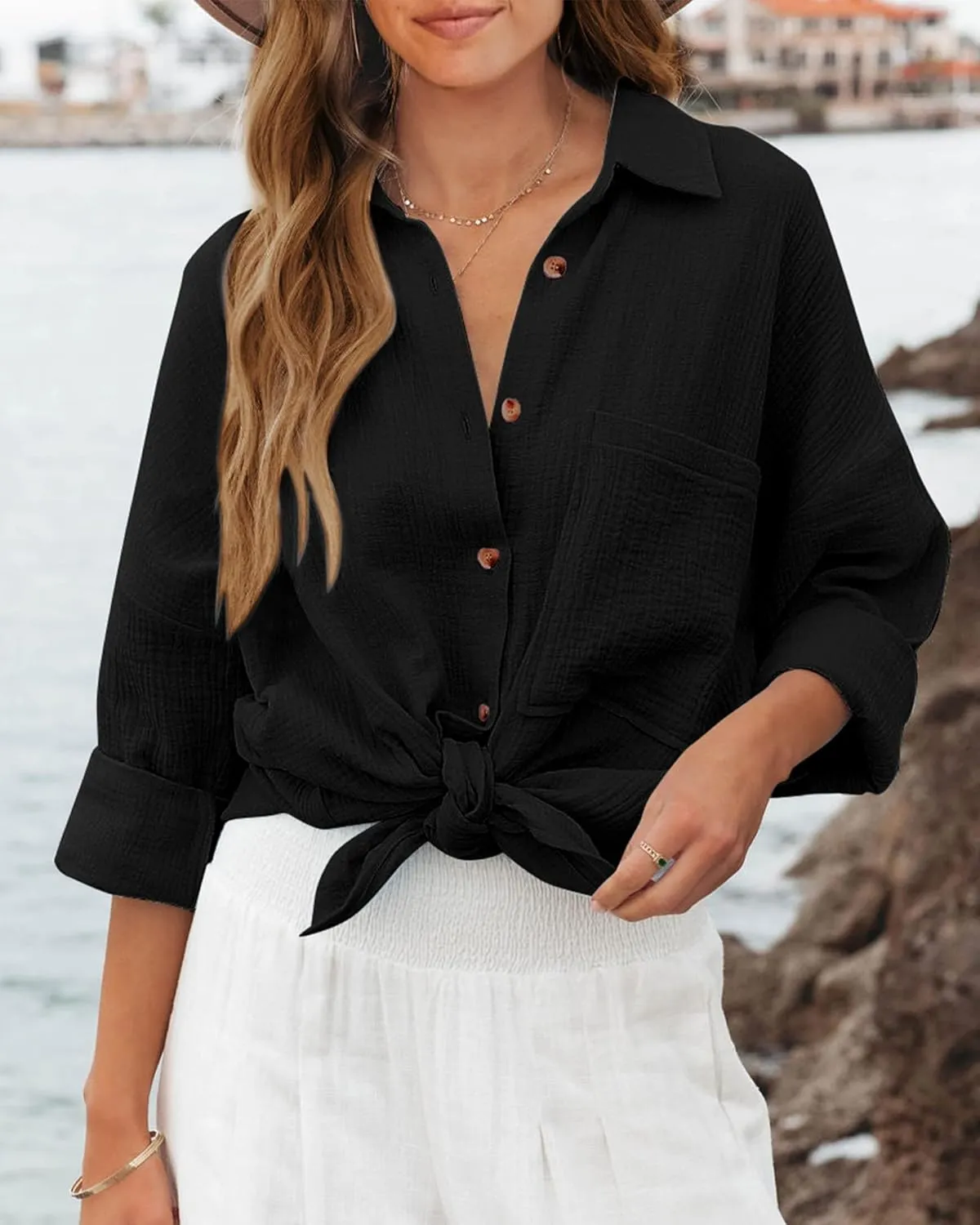 NOLLSOM Casual Shirts for Women Long Sleeve Button Down Blouses Fall 2024 Solid Color Trendy Tops with Pocket