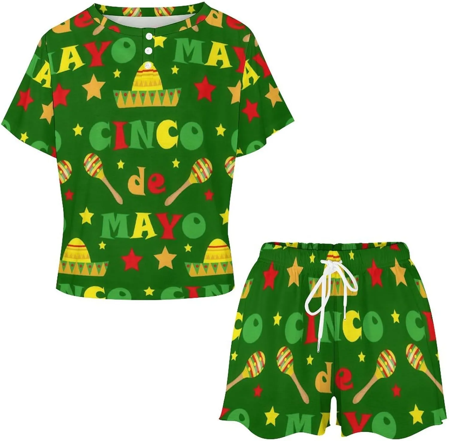 Novelty Cinco De Mayo Home 2 Piece Women's Pajamas Short Sleeves Sleepwear Set with Pockets