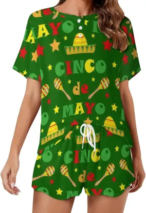 Novelty Cinco De Mayo Home 2 Piece Women's Pajamas Short Sleeves Sleepwear Set with Pockets