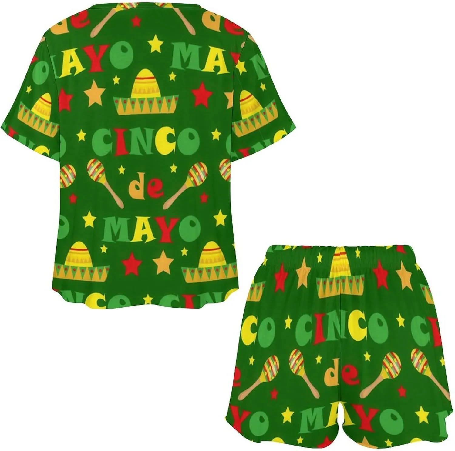 Novelty Cinco De Mayo Home 2 Piece Women's Pajamas Short Sleeves Sleepwear Set with Pockets