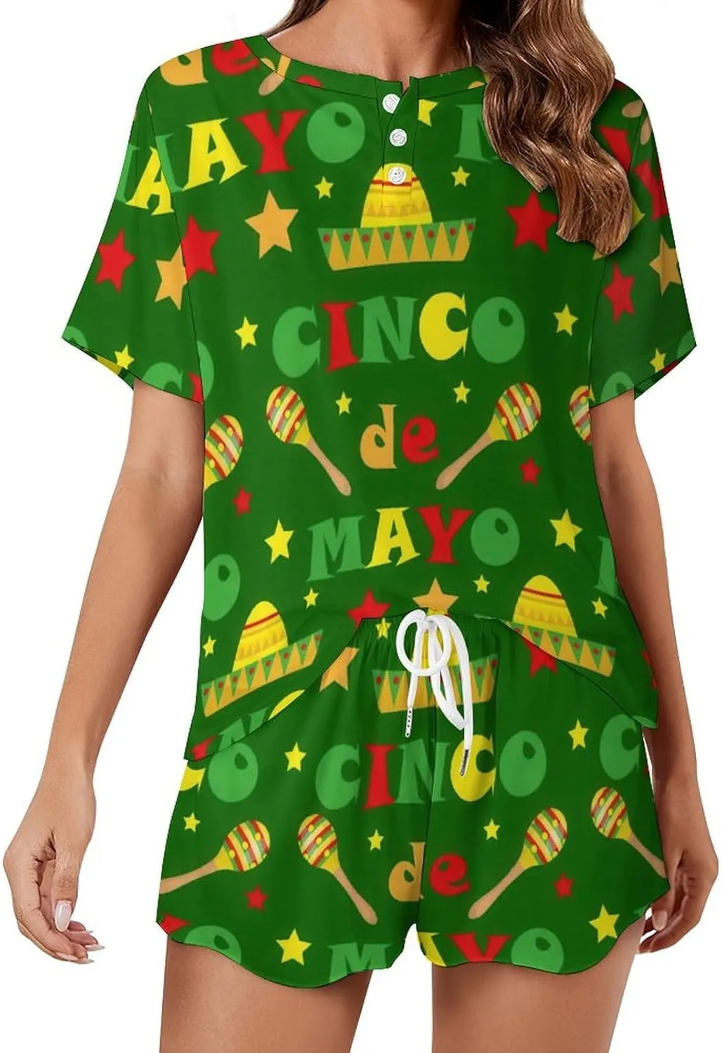 Novelty Cinco De Mayo Home 2 Piece Women's Pajamas Short Sleeves Sleepwear Set with Pockets