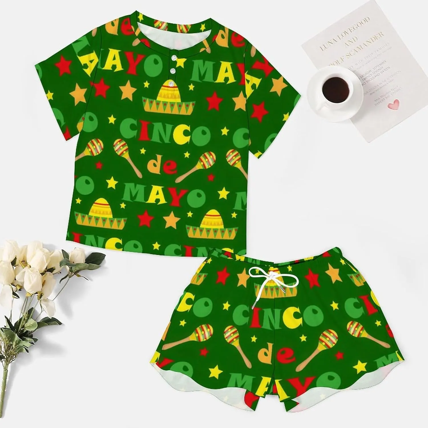 Novelty Cinco De Mayo Home 2 Piece Women's Pajamas Short Sleeves Sleepwear Set with Pockets