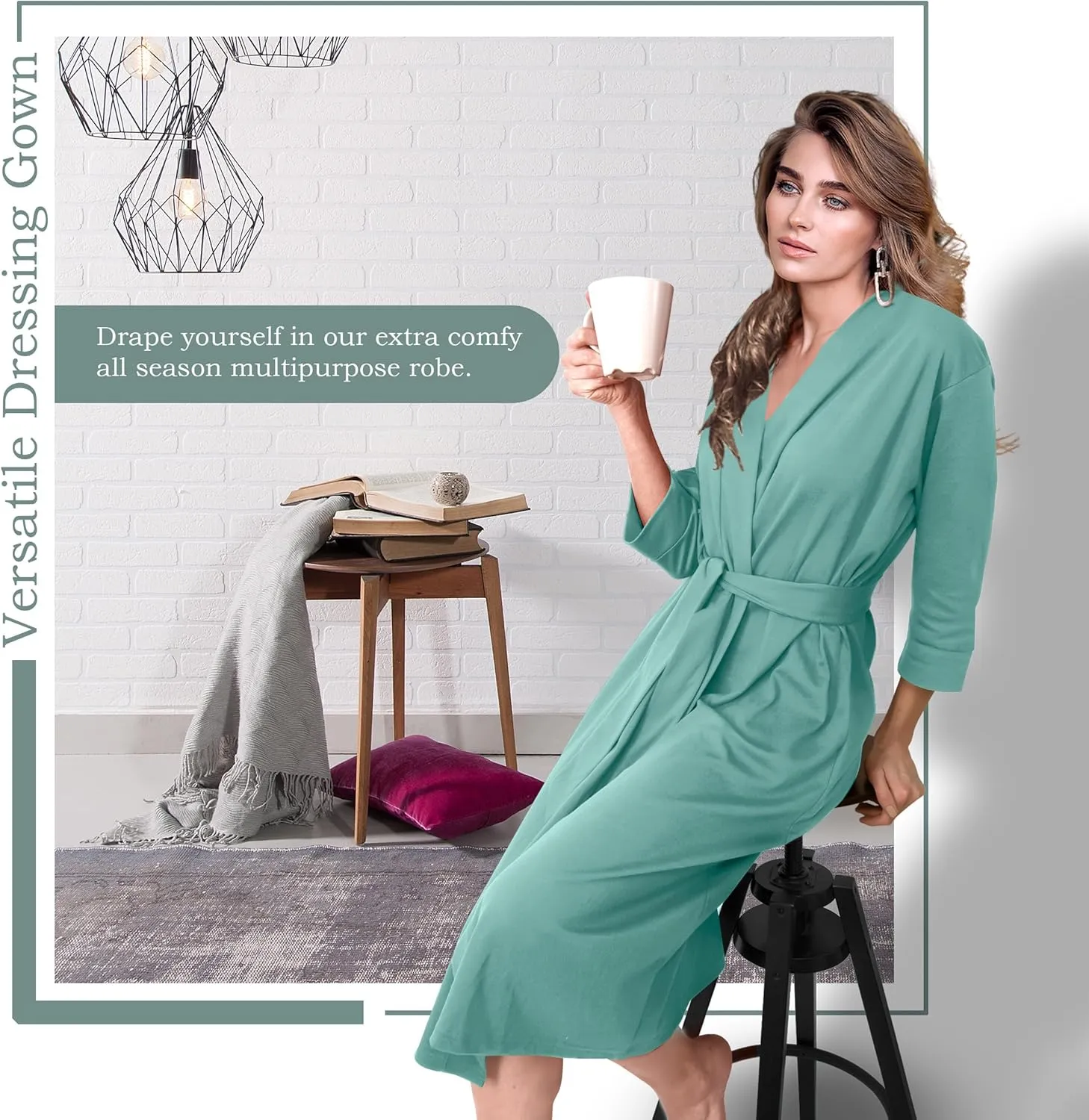 NY Threads Women's Robe Long Knit Bathrobe 3/4 Sleeves Soft Kimono Lightweight Loungewear