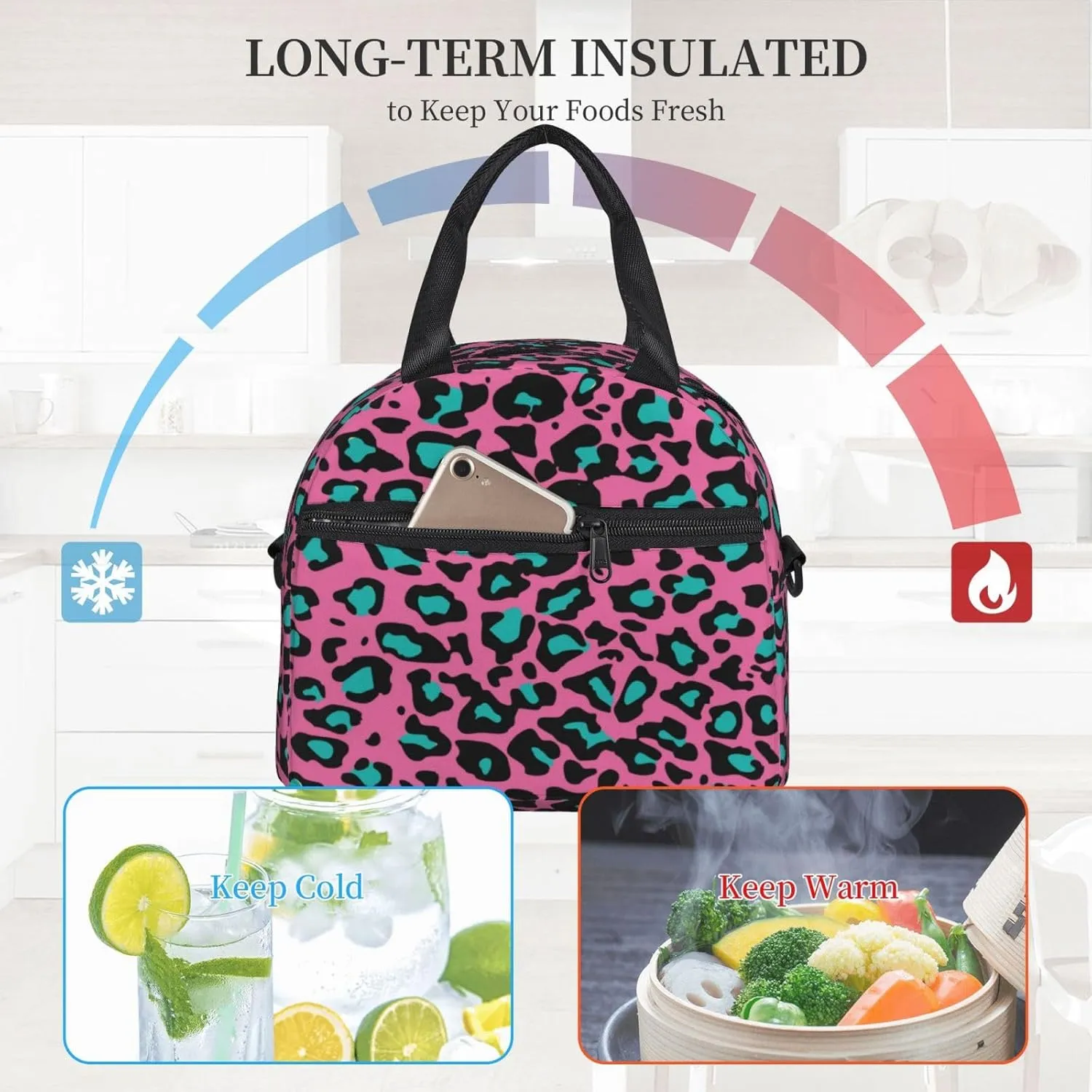 Ocean Theme,Insulated Reusable Lunch Bag Adult Large Lunch Box for Women and Men,Maritime Pattern,Adjustable Shoulder Strap,Front Zipper Pocket,Dark Blue Green White