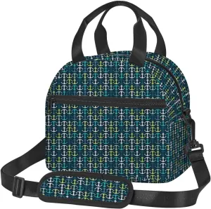 Ocean Theme,Insulated Reusable Lunch Bag Adult Large Lunch Box for Women and Men,Maritime Pattern,Adjustable Shoulder Strap,Front Zipper Pocket,Dark Blue Green White