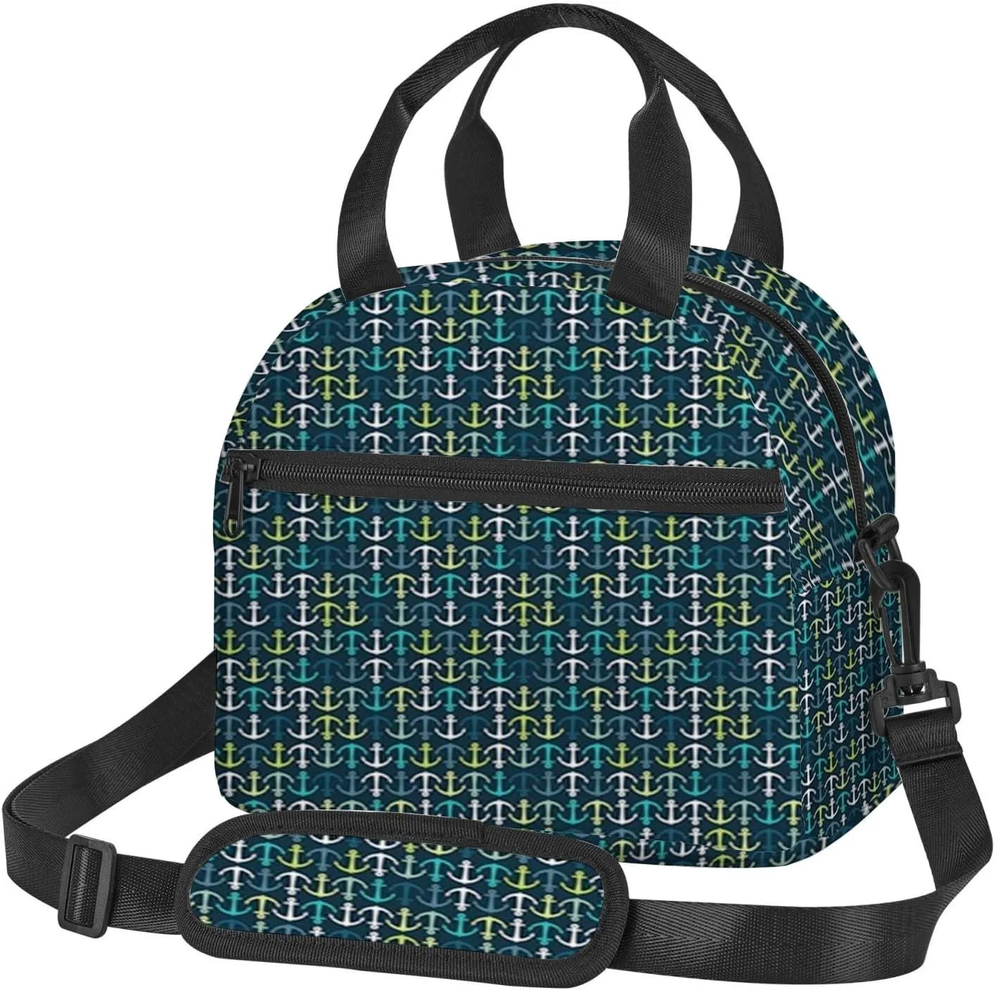 Ocean Theme,Insulated Reusable Lunch Bag Adult Large Lunch Box for Women and Men,Maritime Pattern,Adjustable Shoulder Strap,Front Zipper Pocket,Dark Blue Green White