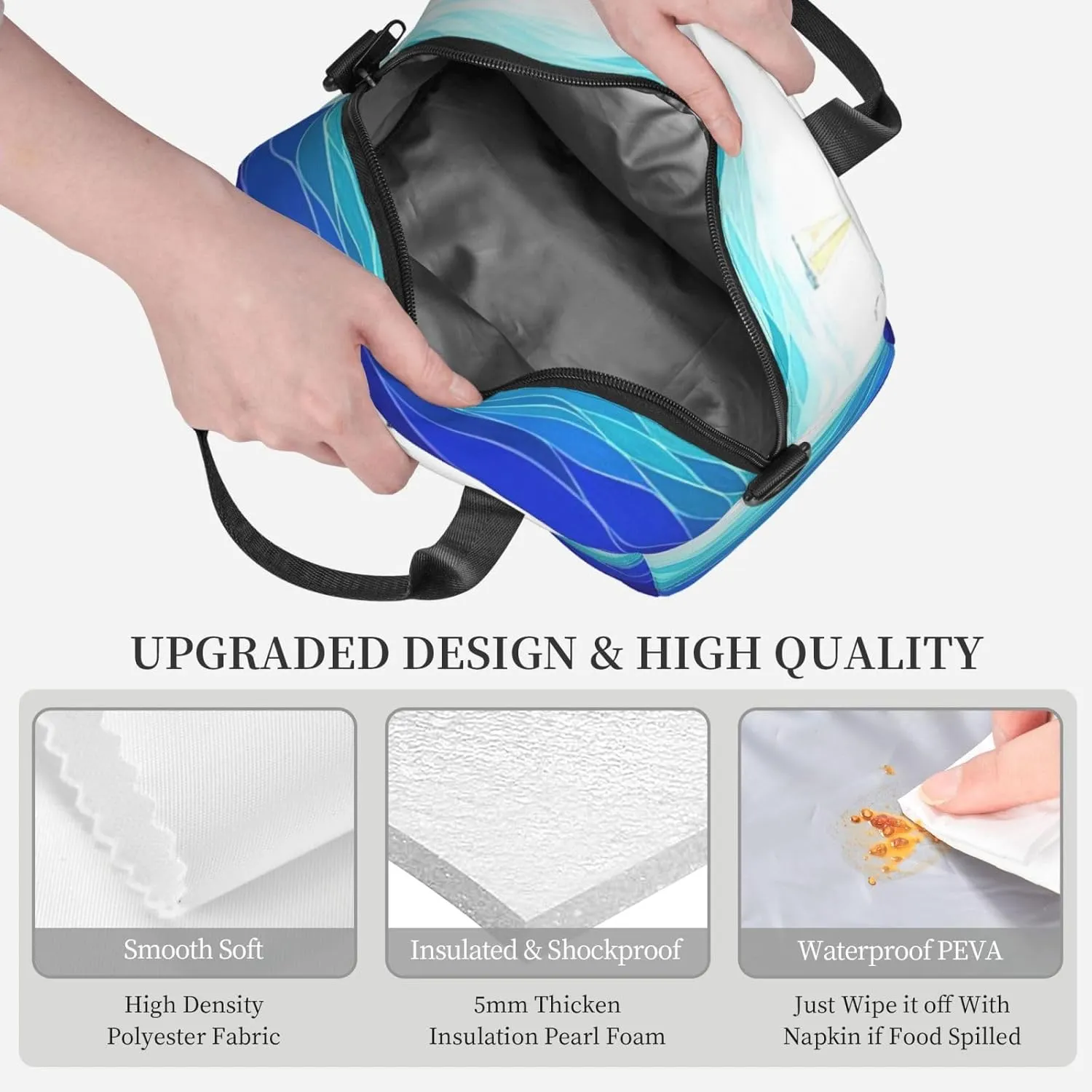 Ocean Waves Sailboat With Birds Maritime Print Lunch Bag With Adjustable Shoulder Strap,Leakproof,Tote Bag For Office Work,Picnic And Outdoor