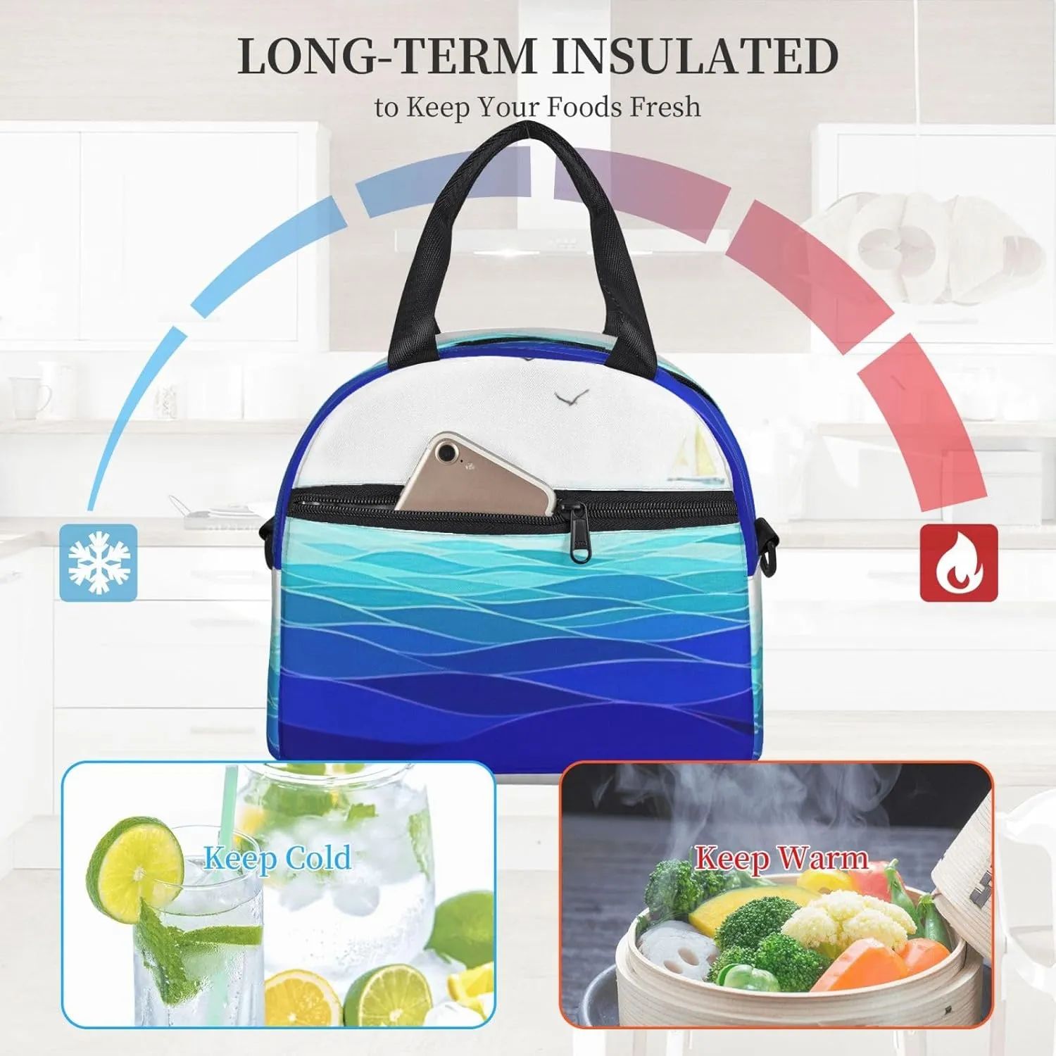 Ocean Waves Sailboat With Birds Maritime Print Lunch Bag With Adjustable Shoulder Strap,Leakproof,Tote Bag For Office Work,Picnic And Outdoor